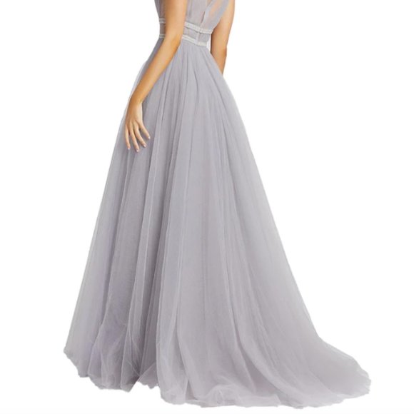 MAC DUGGAL 20188 ILLUSIONS PLUNGE NECK A-LINE PLATINUM GOWN sz 8 - Picture 5 of 5